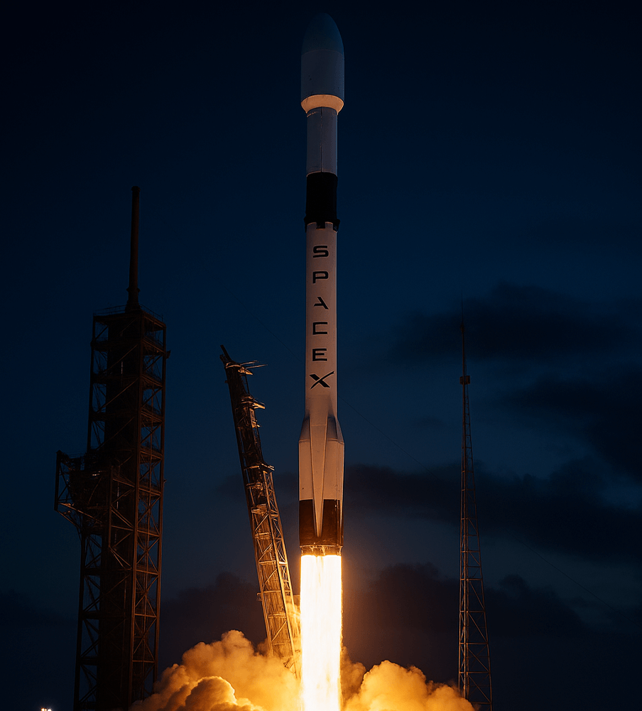 SpaceX rocket on launch pad at sunrise